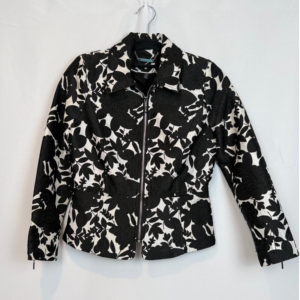 White House Black Market Floral Applique Zip Jacket 00P Black Ivory Lined